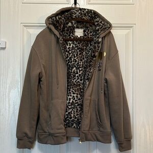 Leopard Print Faux Fur Lined Full Zip Hoodie Featuring LOVE Graphics Size L